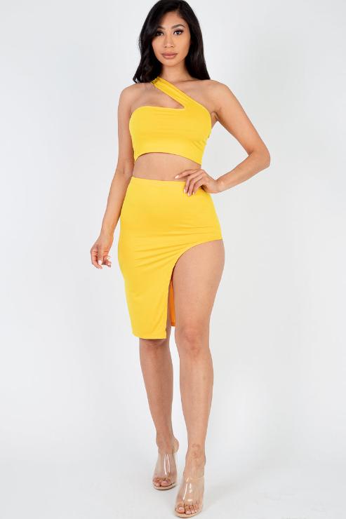 Sexy Solid One Shoulder Crop Top & Split Thigh Midi Skirt Set