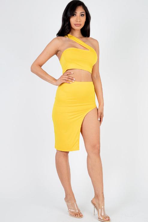 Sexy Solid One Shoulder Crop Top & Split Thigh Midi Skirt Set