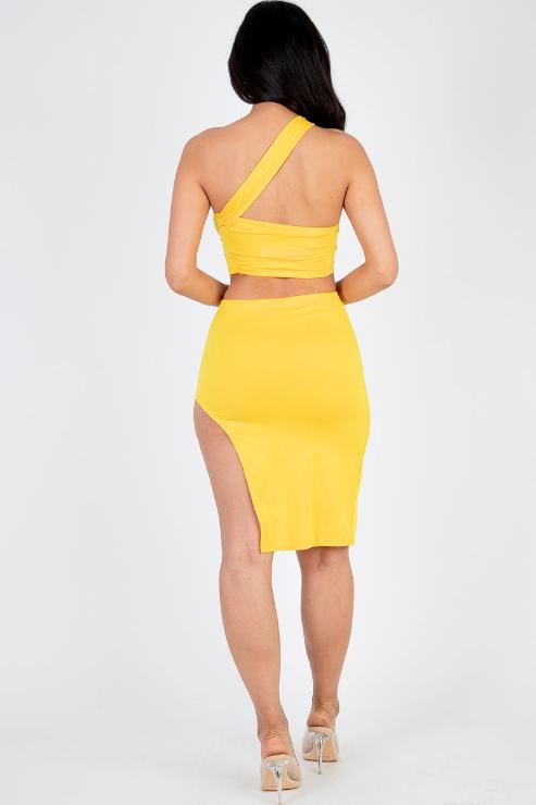 Sexy Solid One Shoulder Crop Top & Split Thigh Midi Skirt Set