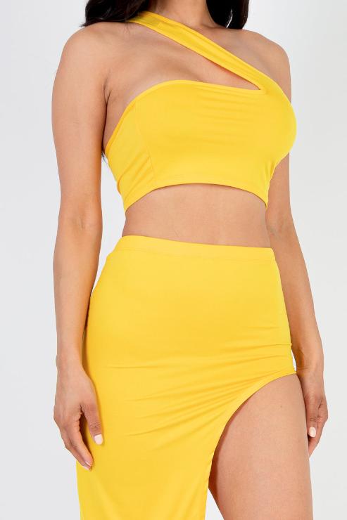 Sexy Solid One Shoulder Crop Top & Split Thigh Midi Skirt Set