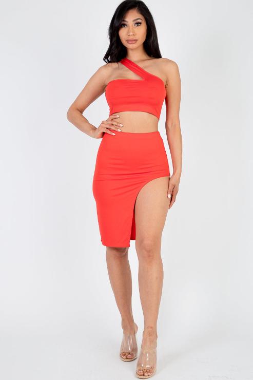 Sexy Solid One Shoulder Crop Top & Split Thigh Midi Skirt Set