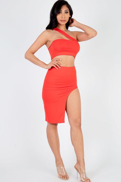 Sexy Solid One Shoulder Crop Top & Split Thigh Midi Skirt Set