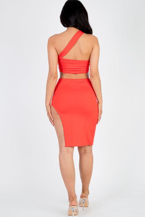 Sexy Solid One Shoulder Crop Top & Split Thigh Midi Skirt Set