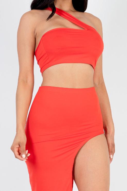 Sexy Solid One Shoulder Crop Top & Split Thigh Midi Skirt Set