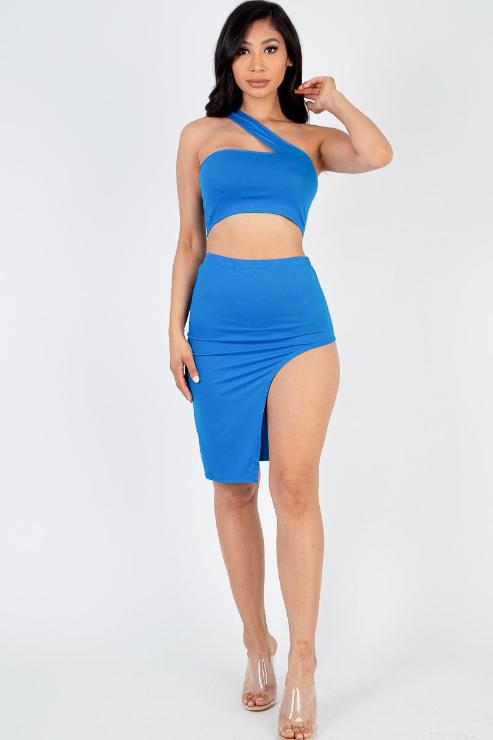 Sexy Solid One Shoulder Crop Top & Split Thigh Midi Skirt Set