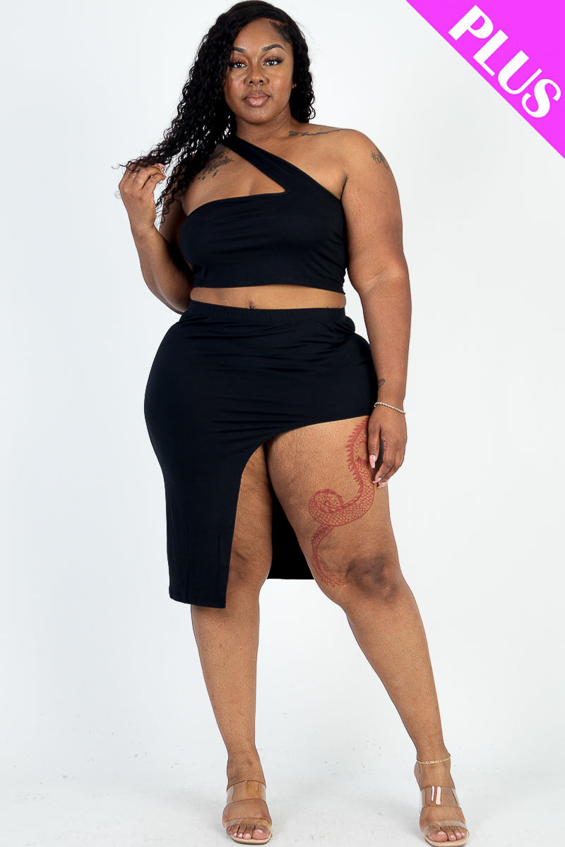 Plus Size Sexy Solid One Shoulder Crop Top & Split Thigh Midi Skirt Set