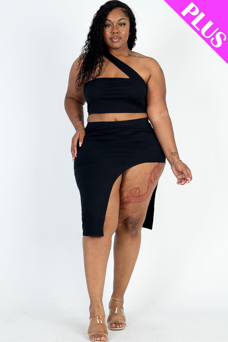 Plus Size Sexy Solid One Shoulder Crop Top & Split Thigh Midi Skirt Set