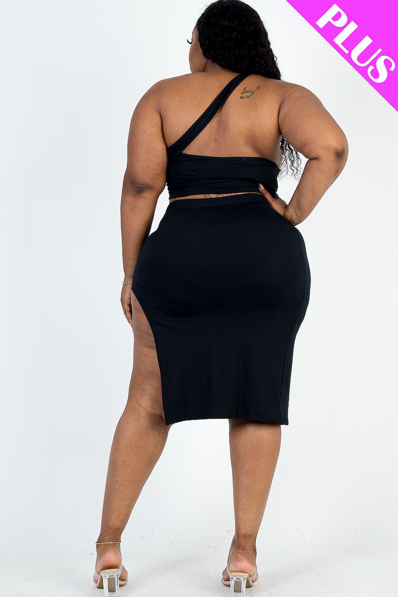 Plus Size Sexy Solid One Shoulder Crop Top & Split Thigh Midi Skirt Set