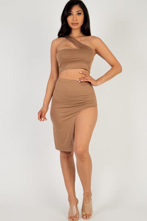 Sexy Solid One Shoulder Crop Top & Split Thigh Midi Skirt Set