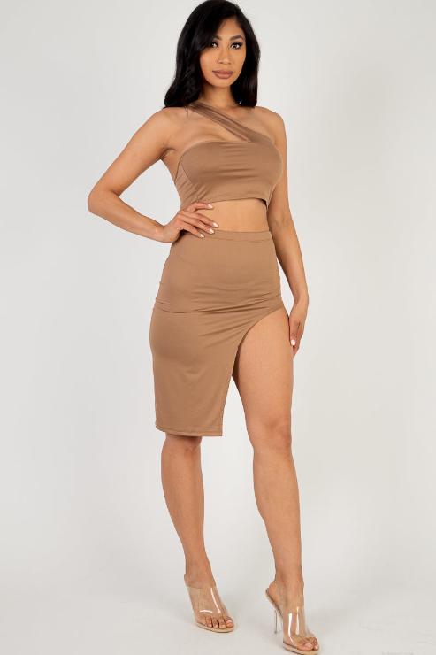 Sexy Solid One Shoulder Crop Top & Split Thigh Midi Skirt Set