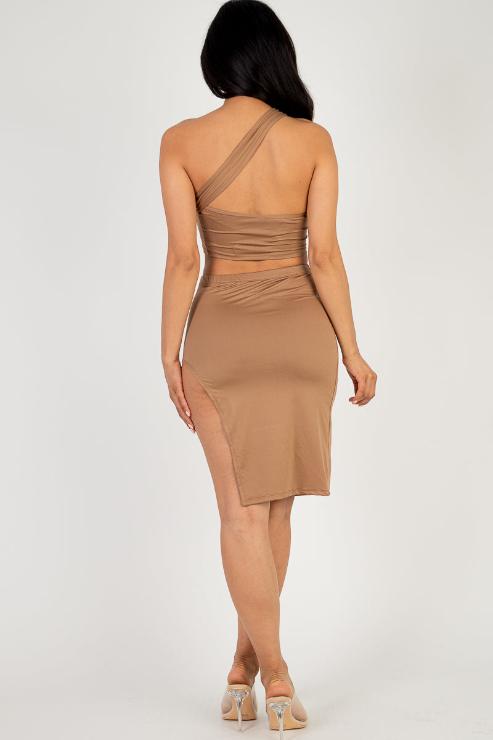 Sexy Solid One Shoulder Crop Top & Split Thigh Midi Skirt Set