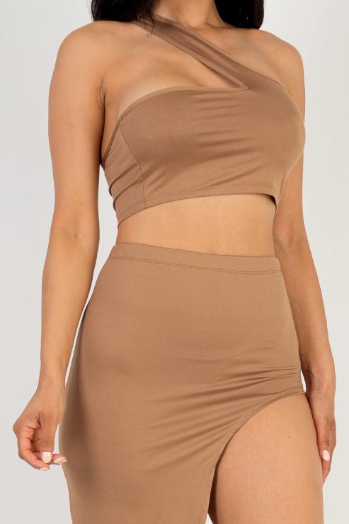 Sexy Solid One Shoulder Crop Top & Split Thigh Midi Skirt Set