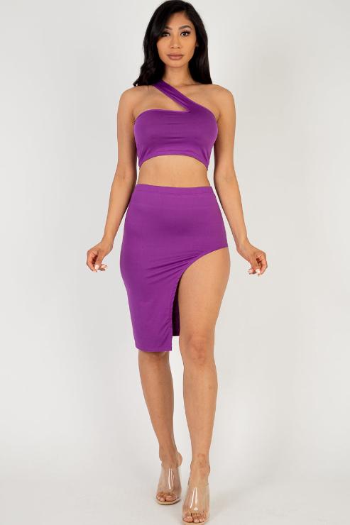 Sexy Solid One Shoulder Crop Top & Split Thigh Midi Skirt Set