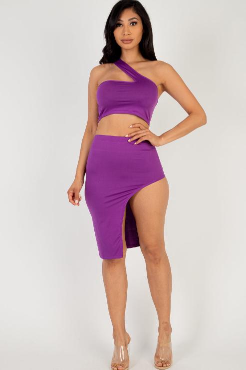 Sexy Solid One Shoulder Crop Top & Split Thigh Midi Skirt Set