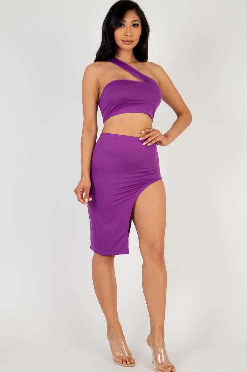 Sexy Solid One Shoulder Crop Top & Split Thigh Midi Skirt Set