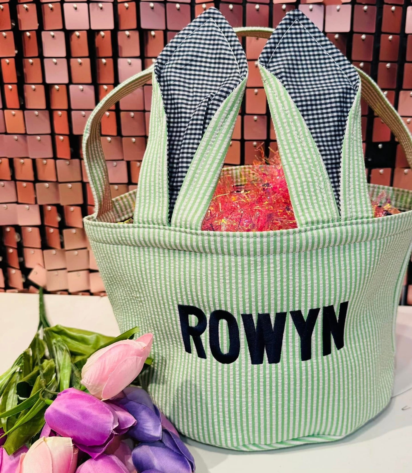 RTS Custom Name Embroidered Seersucker Easter Basket