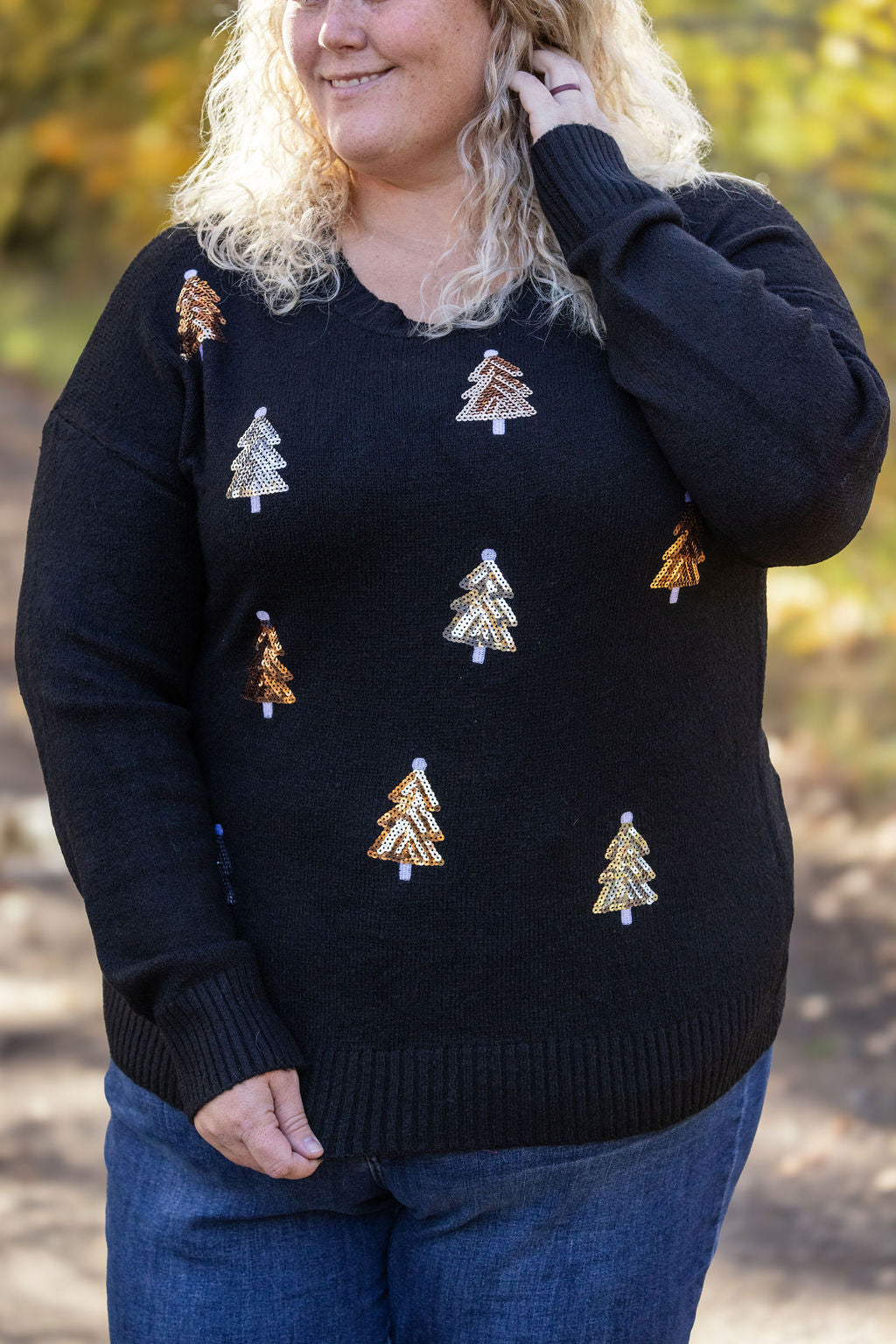 IN STOCK Holly Jolly Sweater - Gold + Silver Trees FINAL SALE