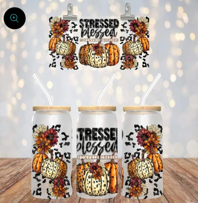 Stressed Blessed & Pumpkin Obsessed Glass Tumbler