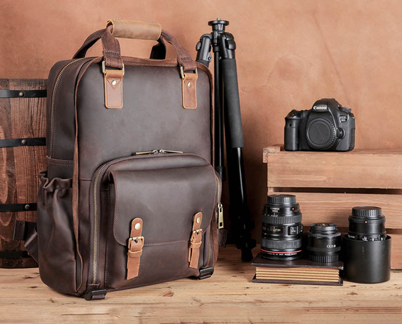 The Gaetano | Large Leather Backpack Camera Bag with Tripod Holder