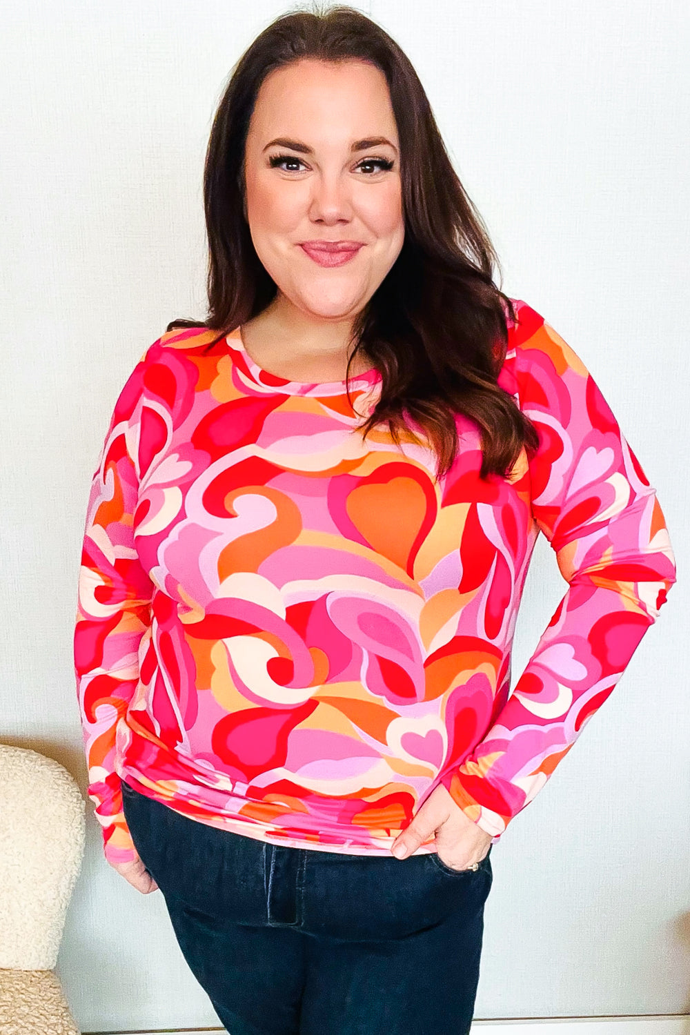 Find Love Red/Pink Fitted Floral Print Buttery Soft Knit Top