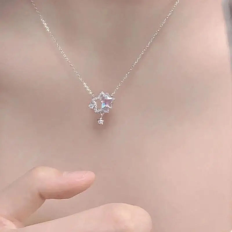 Double Star Rhinestone Pendant Necklace