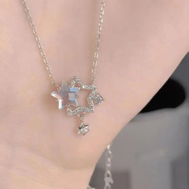 Double Star Rhinestone Pendant Necklace