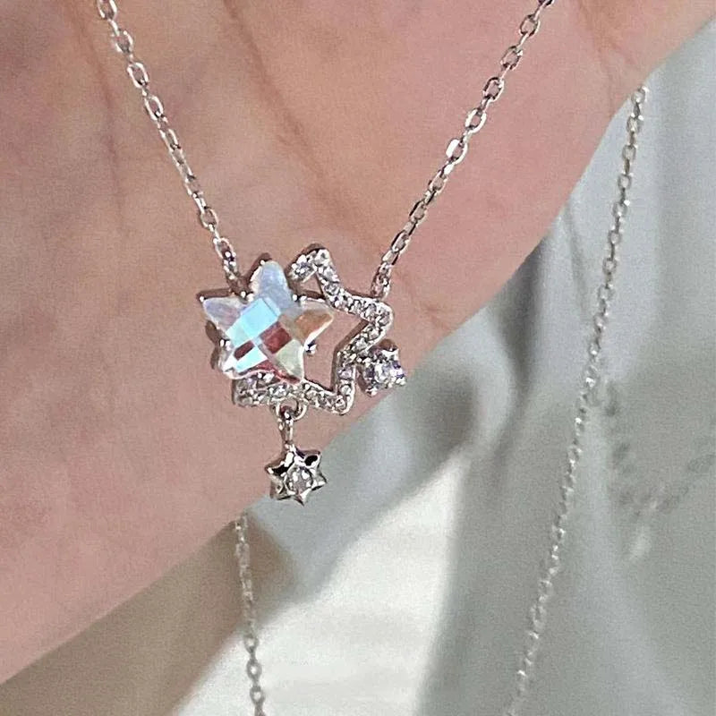 Double Star Rhinestone Pendant Necklace