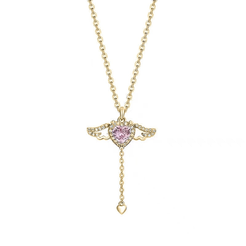 Pink Crystal Heart Angel Wings Pendant Necklace