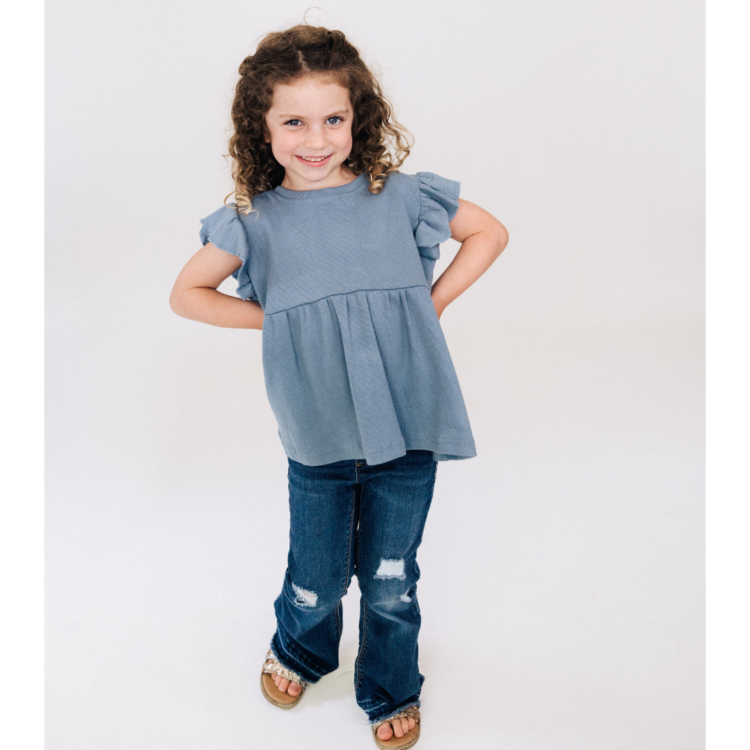 Dusty Blue Ribbed Peplum Top - Girl's