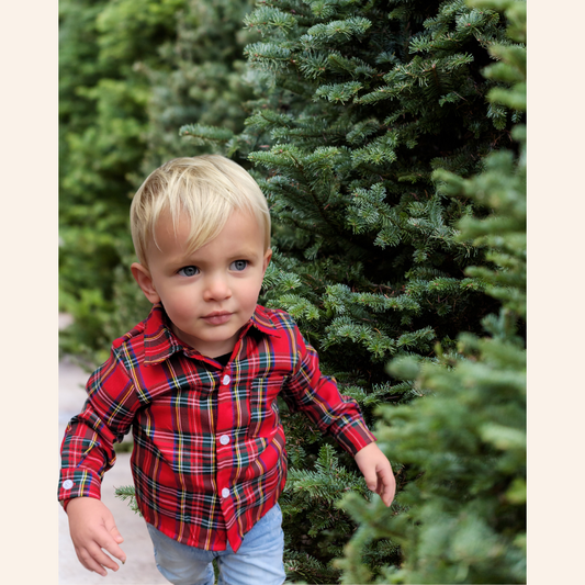 Christmas Red Tartan Plaid Button Up Shirt - Boy's Infant