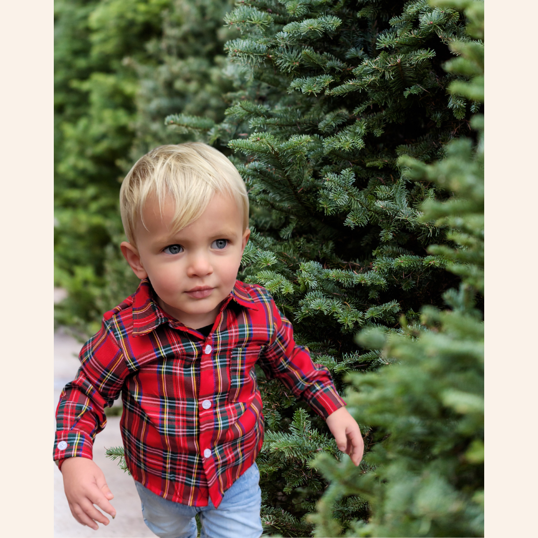 Christmas Red Tartan Plaid Button Up Shirt - Boy's