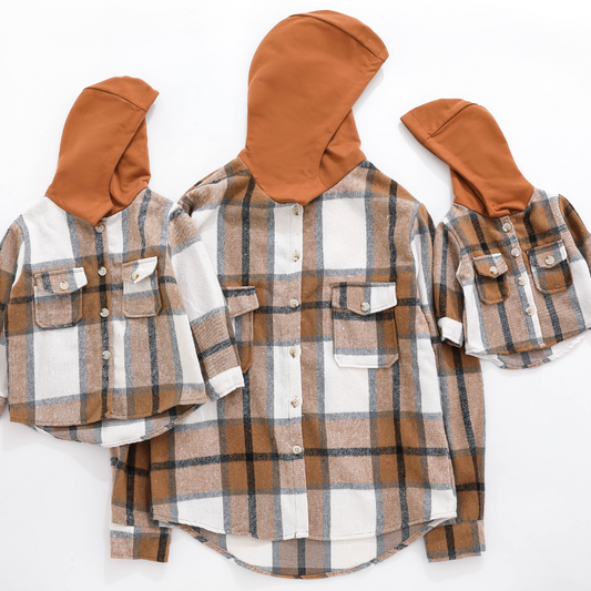 Hooded Brown & Gray Flannel Jacket Mother and Son- Women's