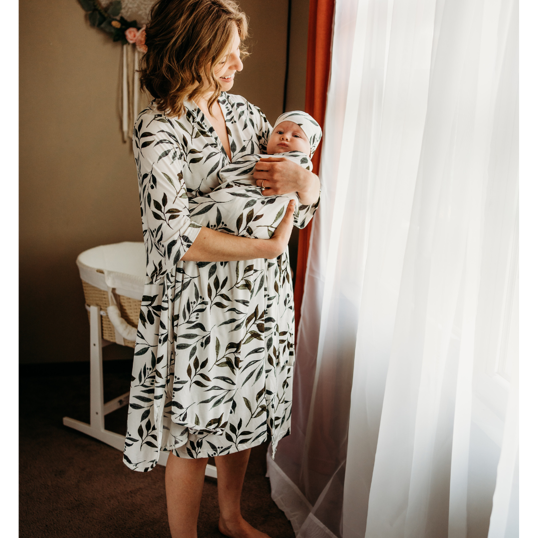 Matching Robe and Swaddle Set - Olive Branch