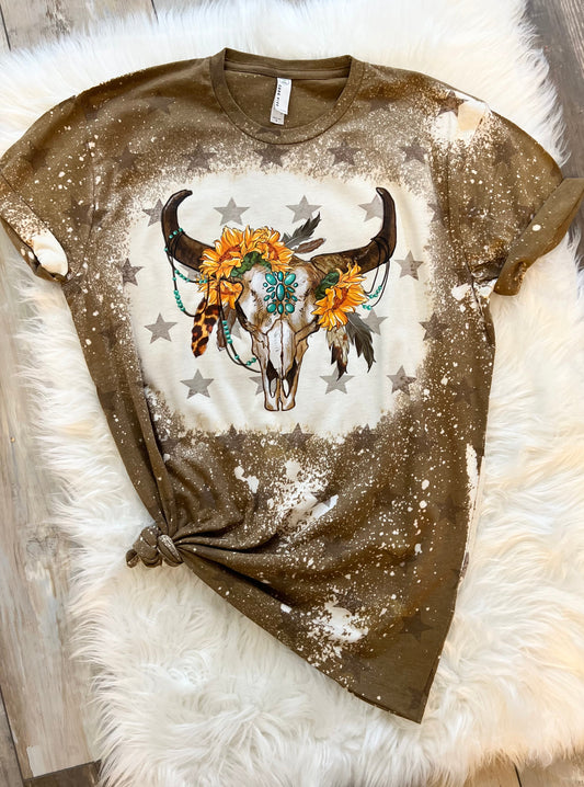 Sunflower Boho Bull Skull Bleached Star Tee