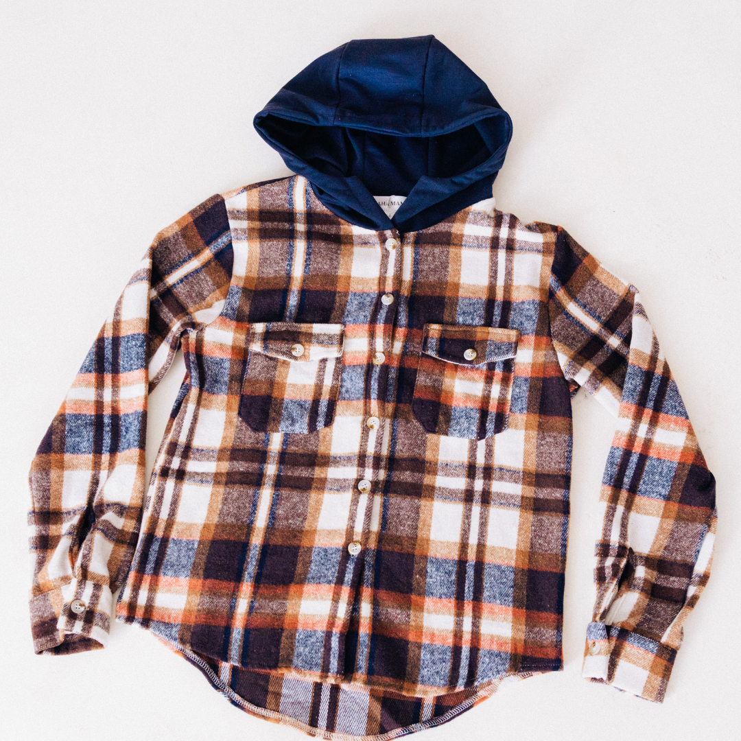 Navy Copper Plaid Flannel - Hooded Adult