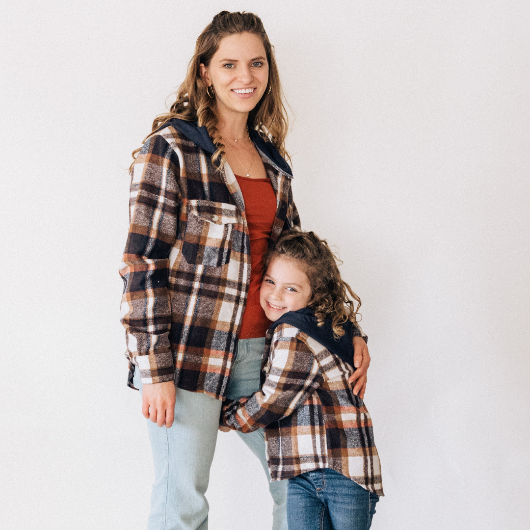 Navy Copper Plaid Flannel - Hooded Adult