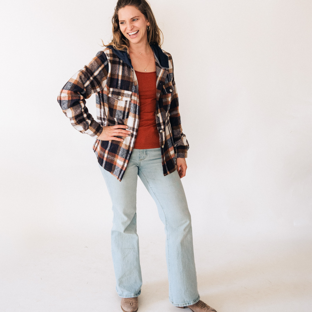 Navy Copper Plaid Flannel - Hooded Adult