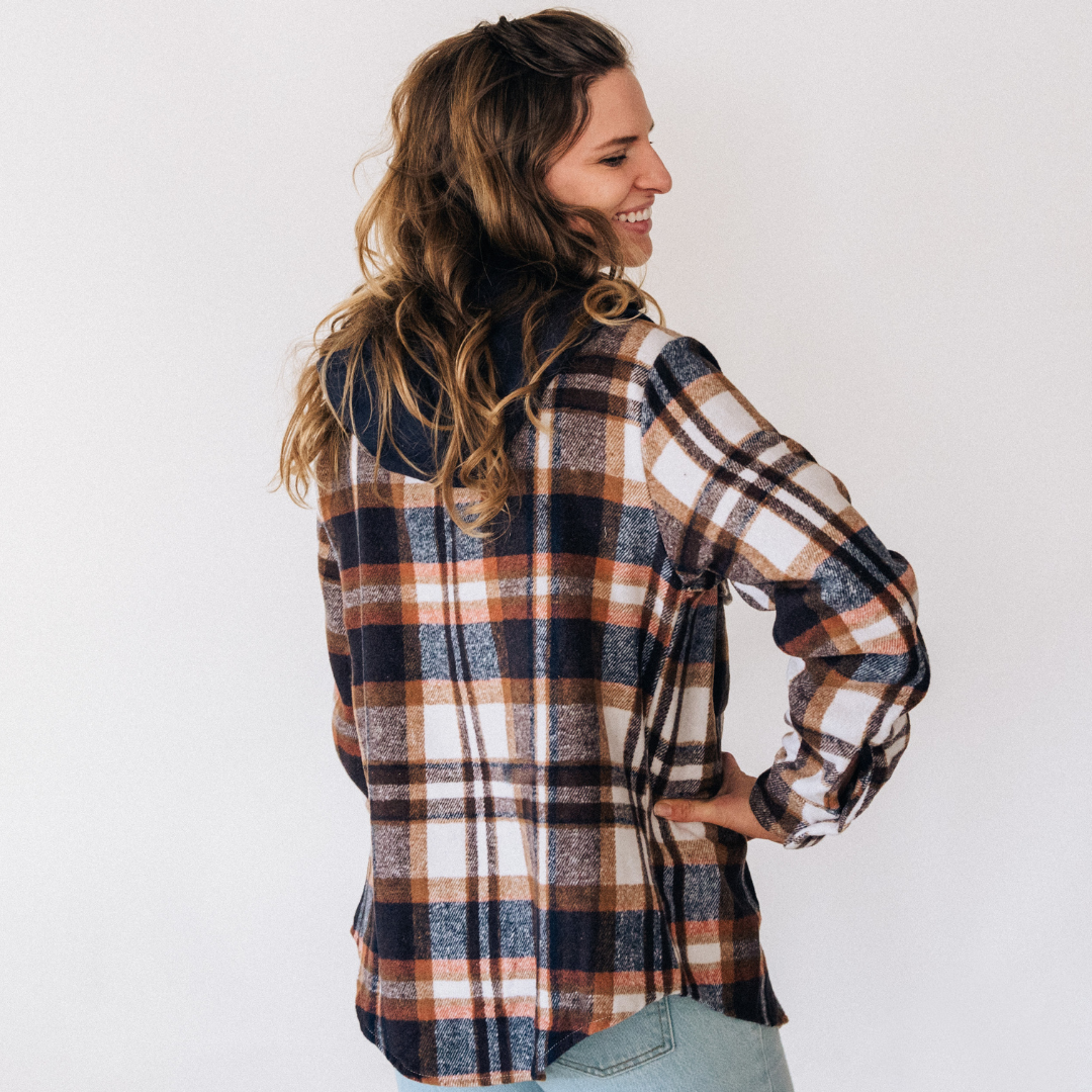 Navy Copper Plaid Flannel - Hooded Adult