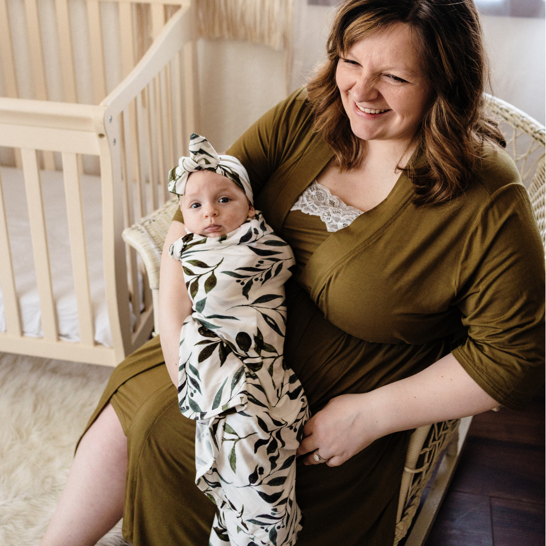 Olive Green Maternity Delivery Gown & Leafy Vine Swaddle