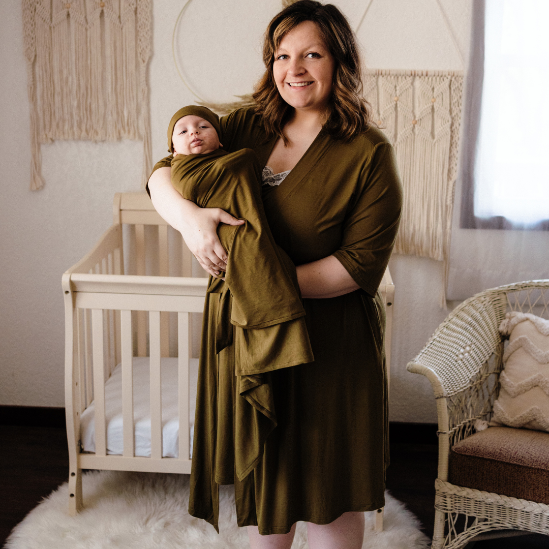 Olive Green Maternity Delivery Gown & Matching Swaddle