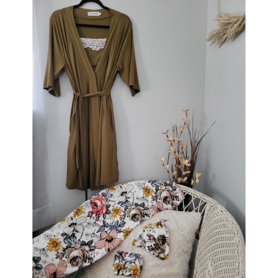 Olive Green Maternity Delivery Gown & Vintage Floral Swaddle