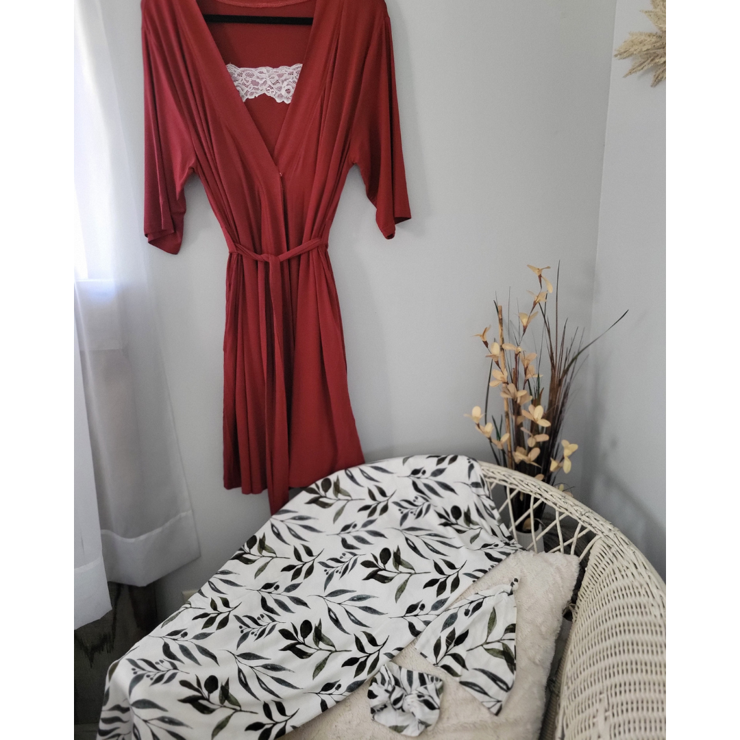 Brick Red Maternity Delivery Gown & Leafy Vine Swaddle