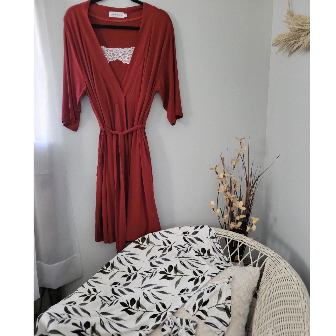 Brick Red Maternity Delivery Gown & Leafy Vine Swaddle