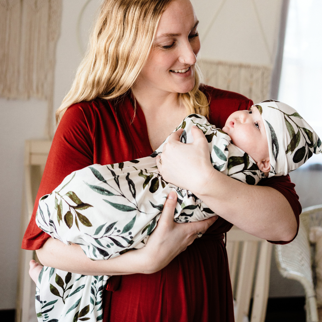 Brick Red Maternity Delivery Gown & Leafy Vine Swaddle