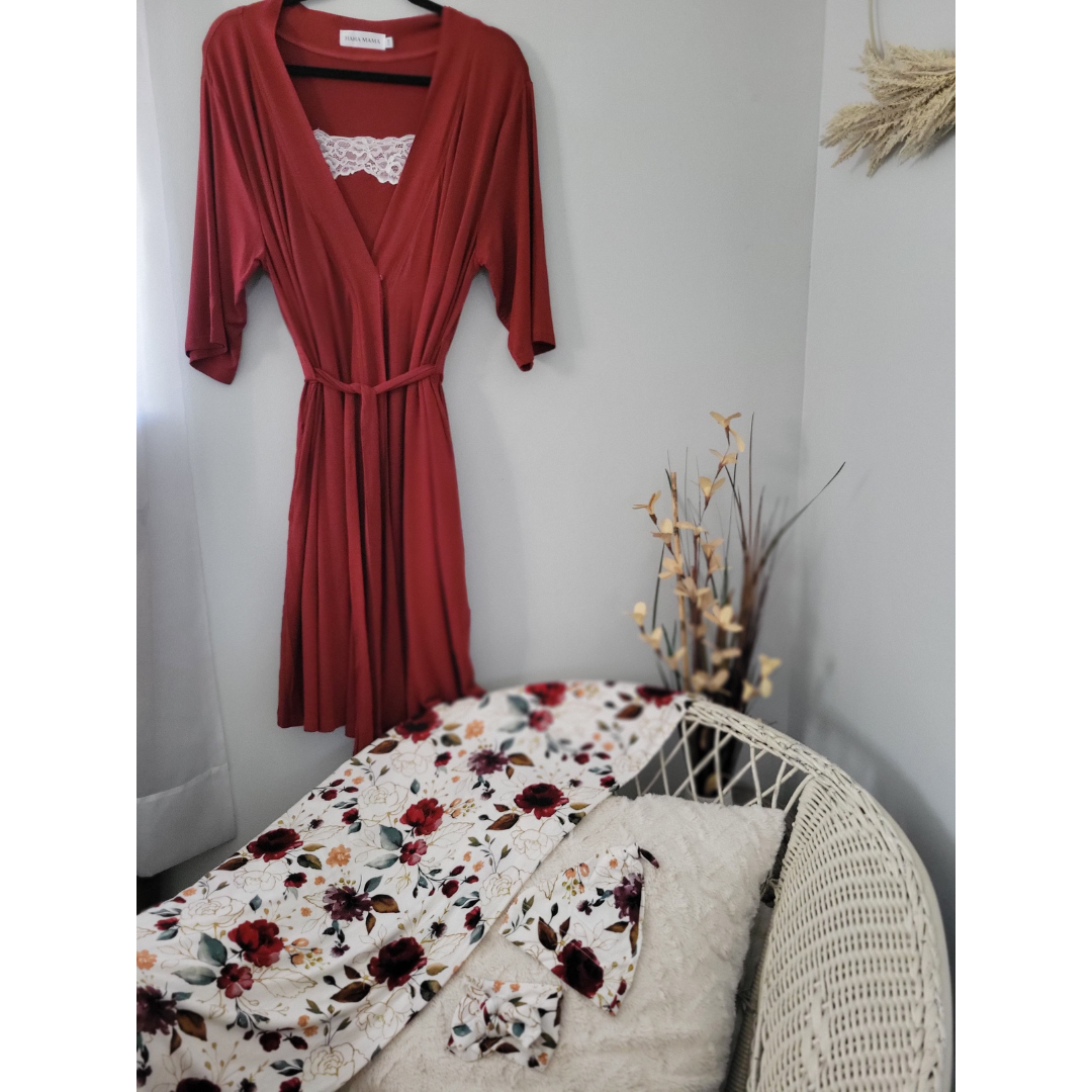 Brick Red Maternity Delivery Gown & Red Rose Swaddle